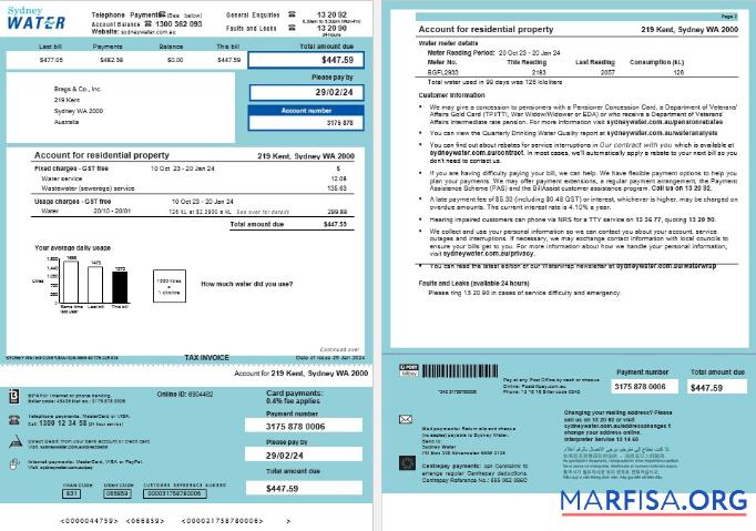 Downloadable Australia Sydney Water business utility bill, Word and PDF template, 2 pages